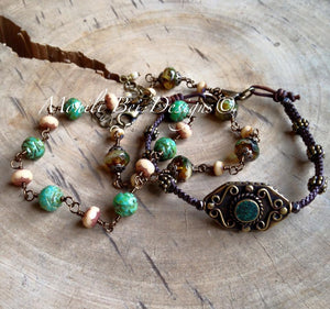 Czech Glass Bracelet picture with a Tibet beaded woven bracelet. Green Rose w/beige, warm Beige w/ beige